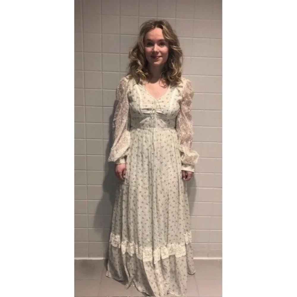 Gunne Sax Dresses | Preowned Vintage Gunne Sax Jessica Mcclintock 70's Prairie Maxi Dress Gown Sz 2 | Color: Blue/White | Size: 2 | Hannahjack3's
